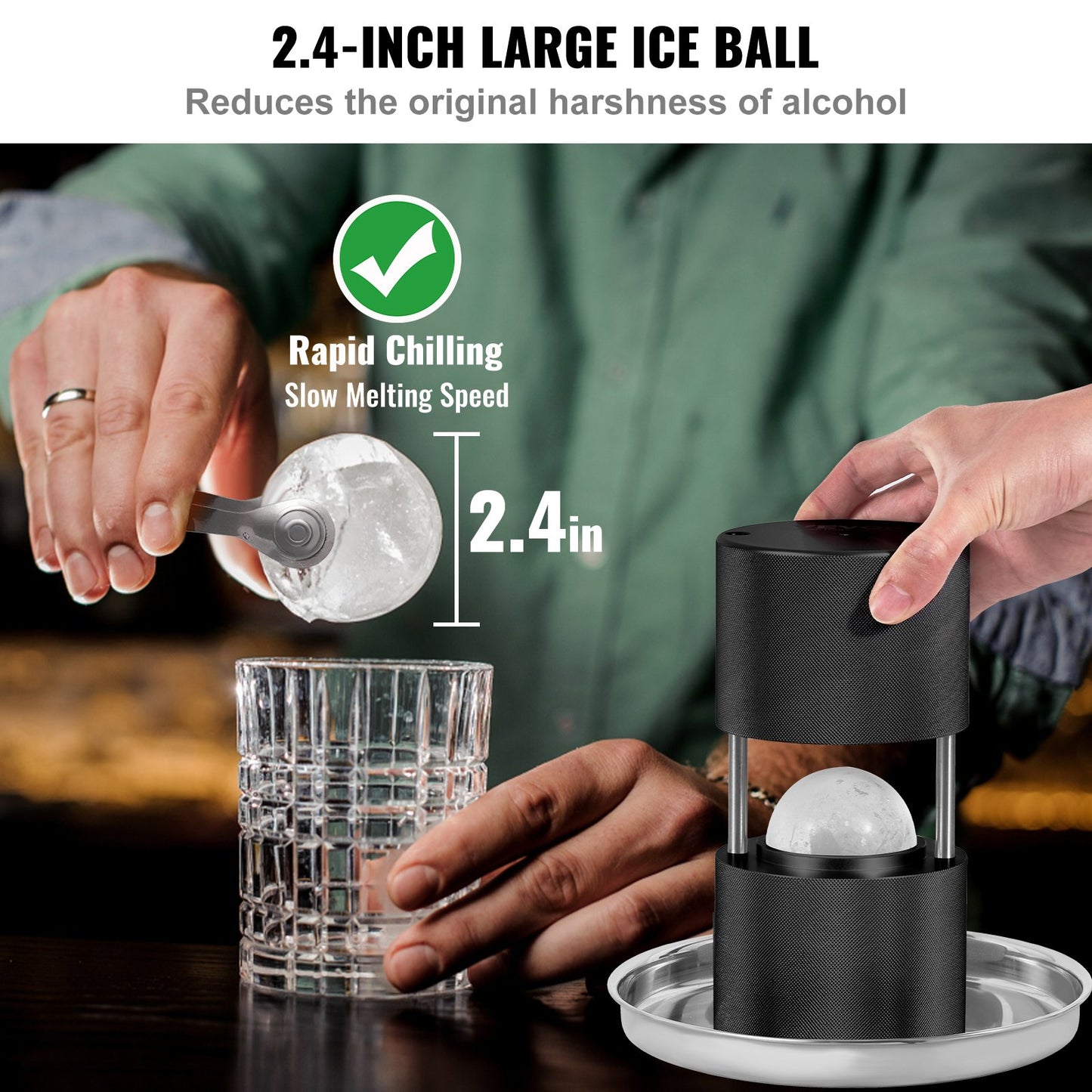 Ice Ball Press, 2.4" Ice Ball Maker, Aircraft Al Alloy Ice Ball Press Kit for 60mm Ice Sphere, Ice Press with Tong and Drip Tray, for Whiskey, Cocktail, Bourbon, Scot on Party & Holiday, Black