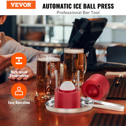 Ice Ball Press, 2.4" Ice Ball Maker, Aircraft Al Alloy Ice Ball Press Kit for 60mm Ice Sphere, Ice Press with Tong and Drip Tray, for Whiskey, Cocktail, Bourbon, Scot on Party & Holiday, Red