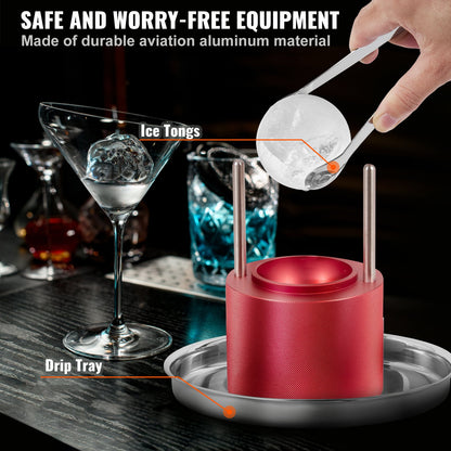 Ice Ball Press, 2.4" Ice Ball Maker, Aircraft Al Alloy Ice Ball Press Kit for 60mm Ice Sphere, Ice Press with Tong and Drip Tray, for Whiskey, Cocktail, Bourbon, Scot on Party & Holiday, Red