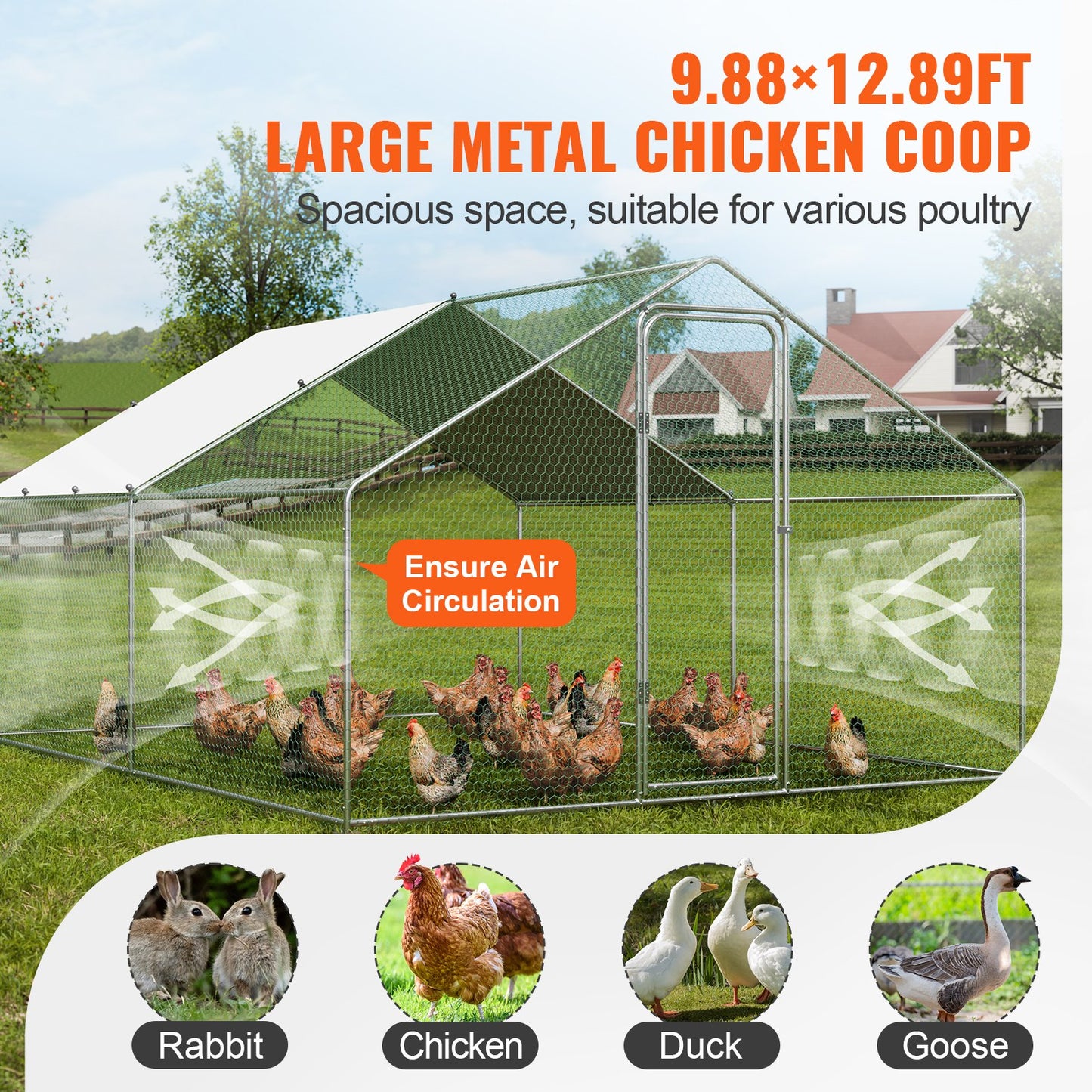 Large Metal Chicken Coop, 9.8x12.9x6.5 ft Walk-in Chicken Runs for Yard with Cover, Spire Roof Hen House with Security Lock for Outdoor and Backyard, Farm, Duck Rabbit Cage Poultry Pen