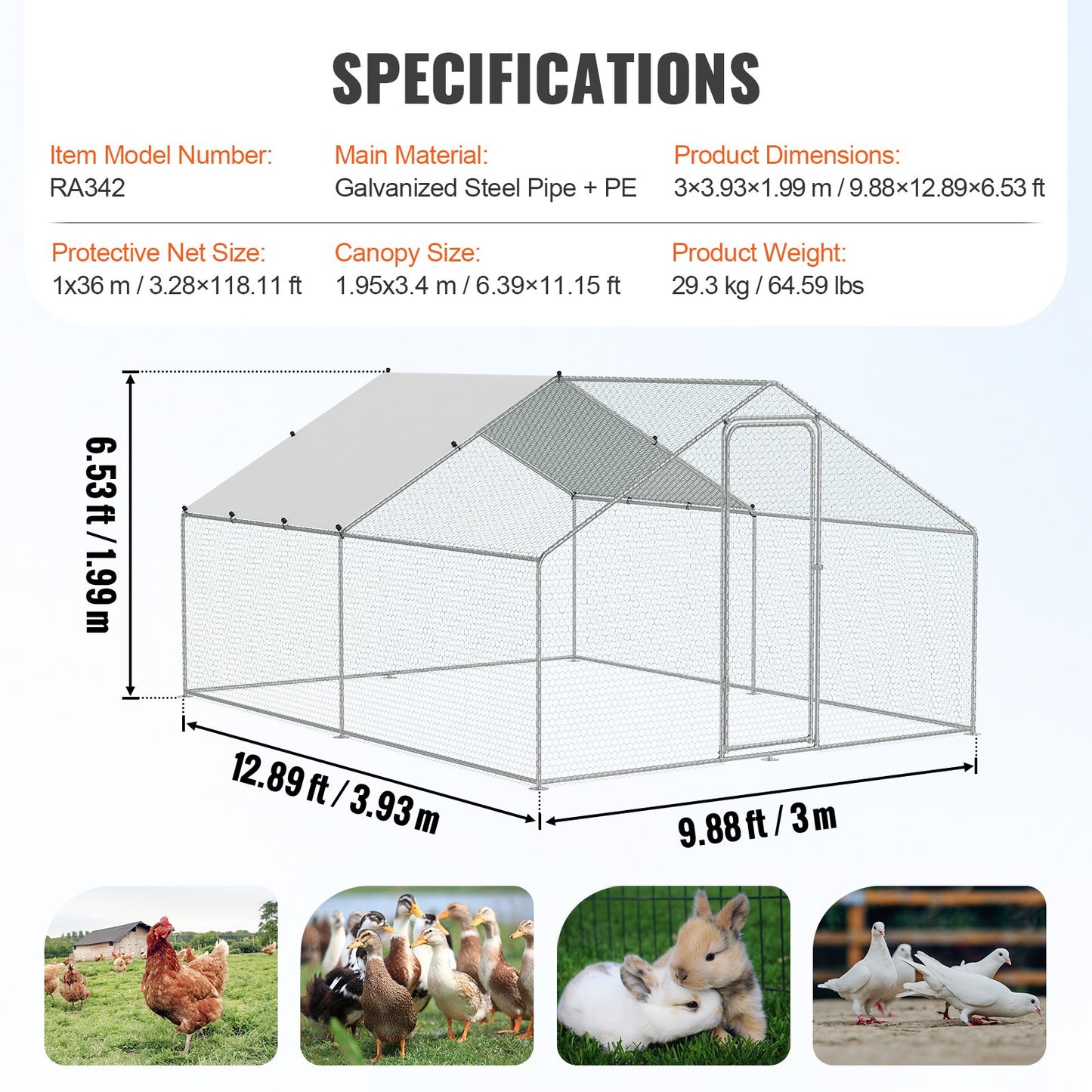 Large Metal Chicken Coop, 9.8x12.9x6.5 ft Walk-in Chicken Runs for Yard with Cover, Spire Roof Hen House with Security Lock for Outdoor and Backyard, Farm, Duck Rabbit Cage Poultry Pen