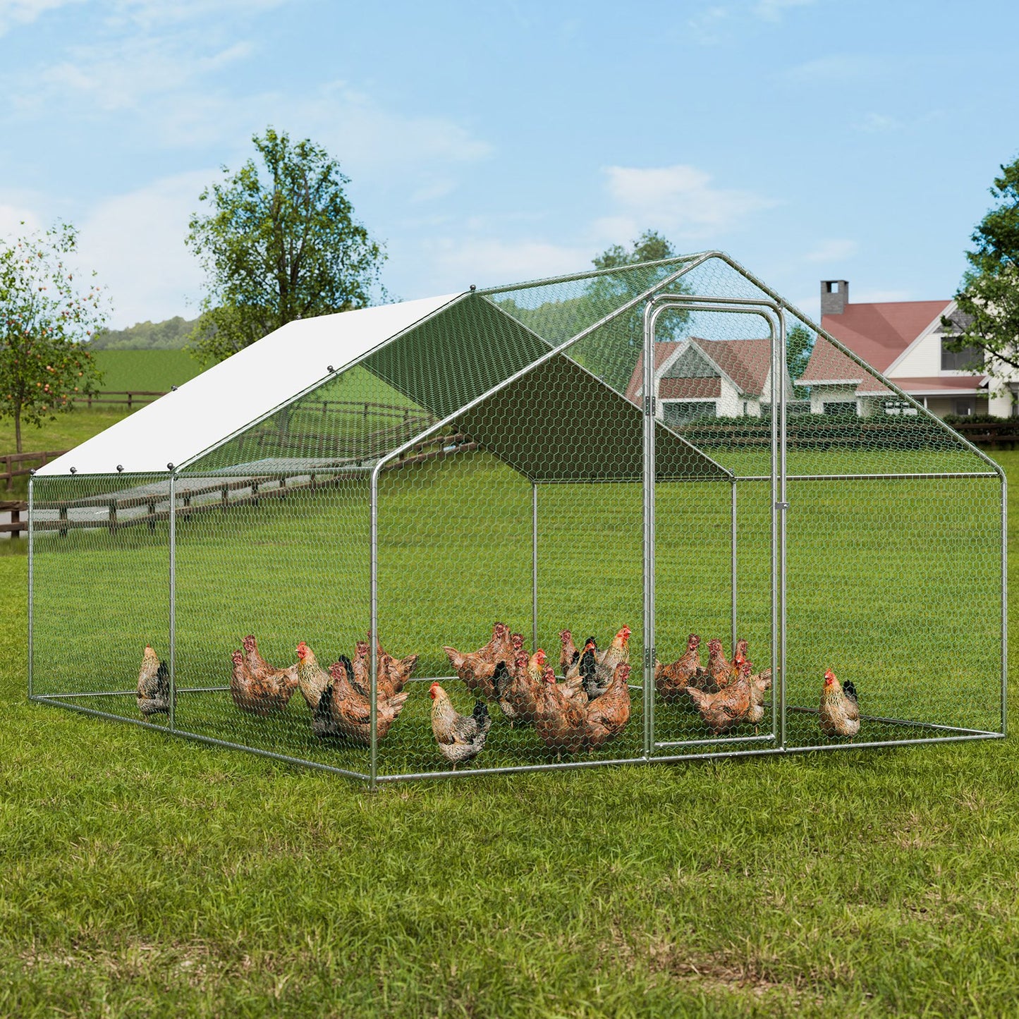 Large Metal Chicken Coop, 9.8x12.9x6.5 ft Walk-in Chicken Runs for Yard with Cover, Spire Roof Hen House with Security Lock for Outdoor and Backyard, Farm, Duck Rabbit Cage Poultry Pen