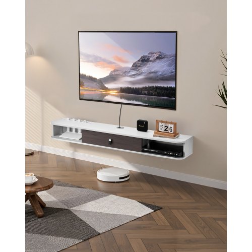 Floating TV Stand, 55 in Wall Mount Entertainment Center with Cable Hole, Modern Floating TV Shelf with Storage Cabinet, Particle Board Console for DVD Player, Cable Box, Game Console, White