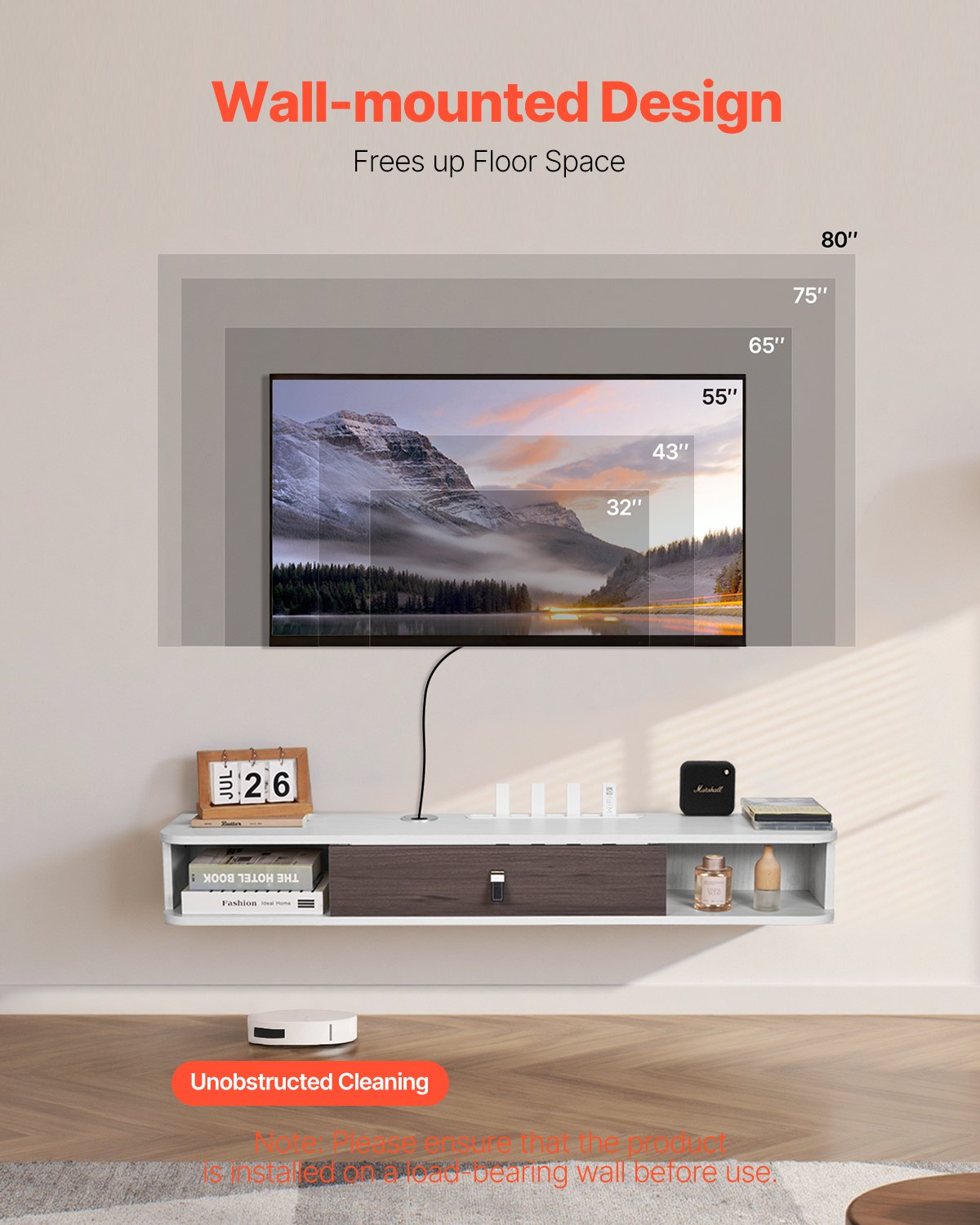 Floating TV Stand, 47 in Wall Mount Entertainment Center with Cable Hole, Modern Floating TV Shelf with Storage Cabinet, Particle Board Console for DVD Player, Cable Box, Game Console, White