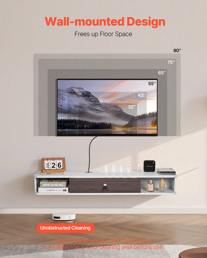 Floating TV Stand, 47 in Wall Mount Entertainment Center with Cable Hole, Modern Floating TV Shelf with Storage Cabinet, Particle Board Console for DVD Player, Cable Box, Game Console, White