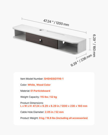 Floating TV Stand, 47 in Wall Mount Entertainment Center with Cable Hole, Modern Floating TV Shelf with Storage Cabinet, Particle Board Console for DVD Player, Cable Box, Game Console, White