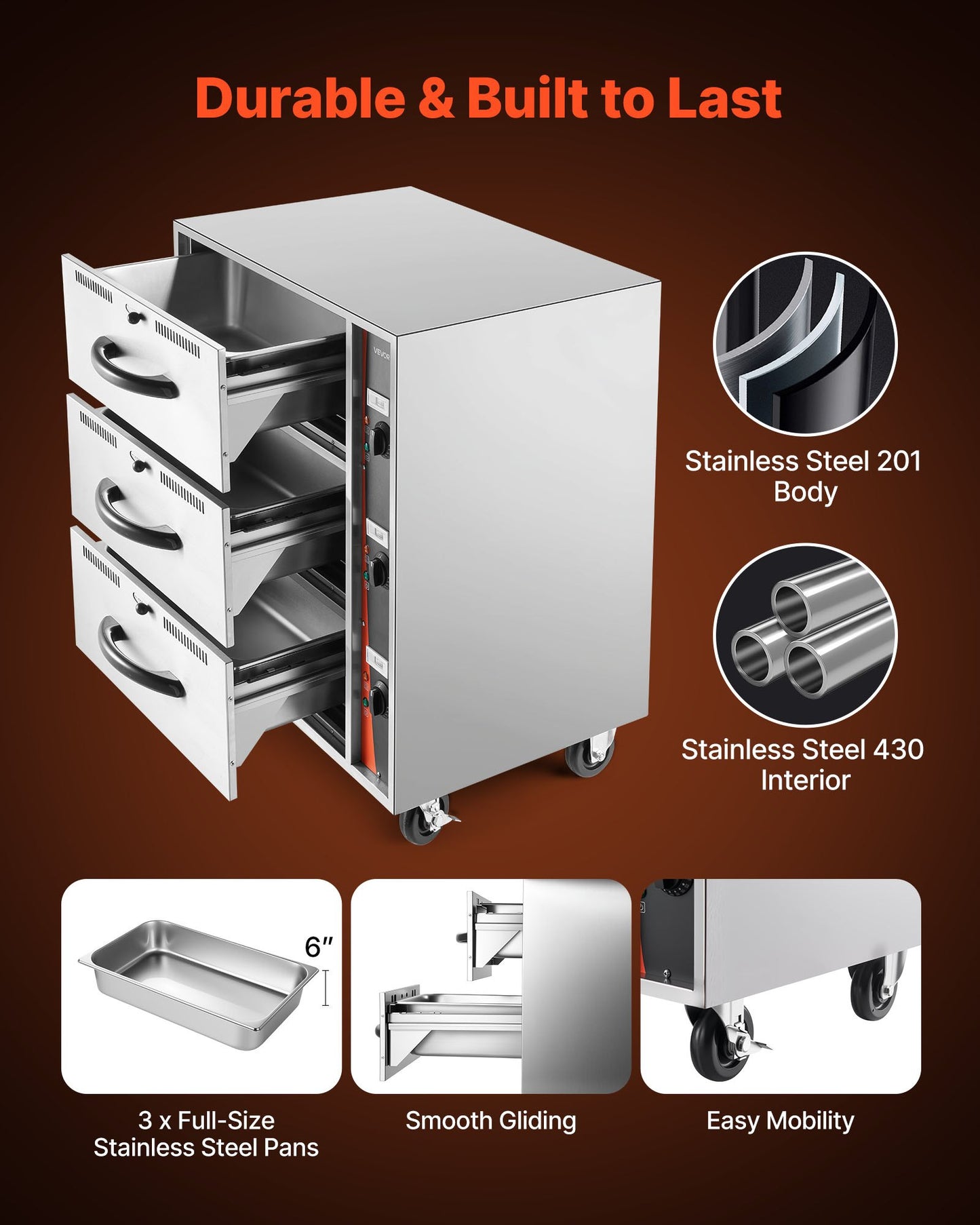 Commercial Electric Drawer Warmer, Three-Drawer Stainless Steel Food Warmer, Freestanding Standard Warming Drawer Cabinet, 30-85℃ Wide Temperature Range, for Restaurant, Hotel Buffet & Bakery