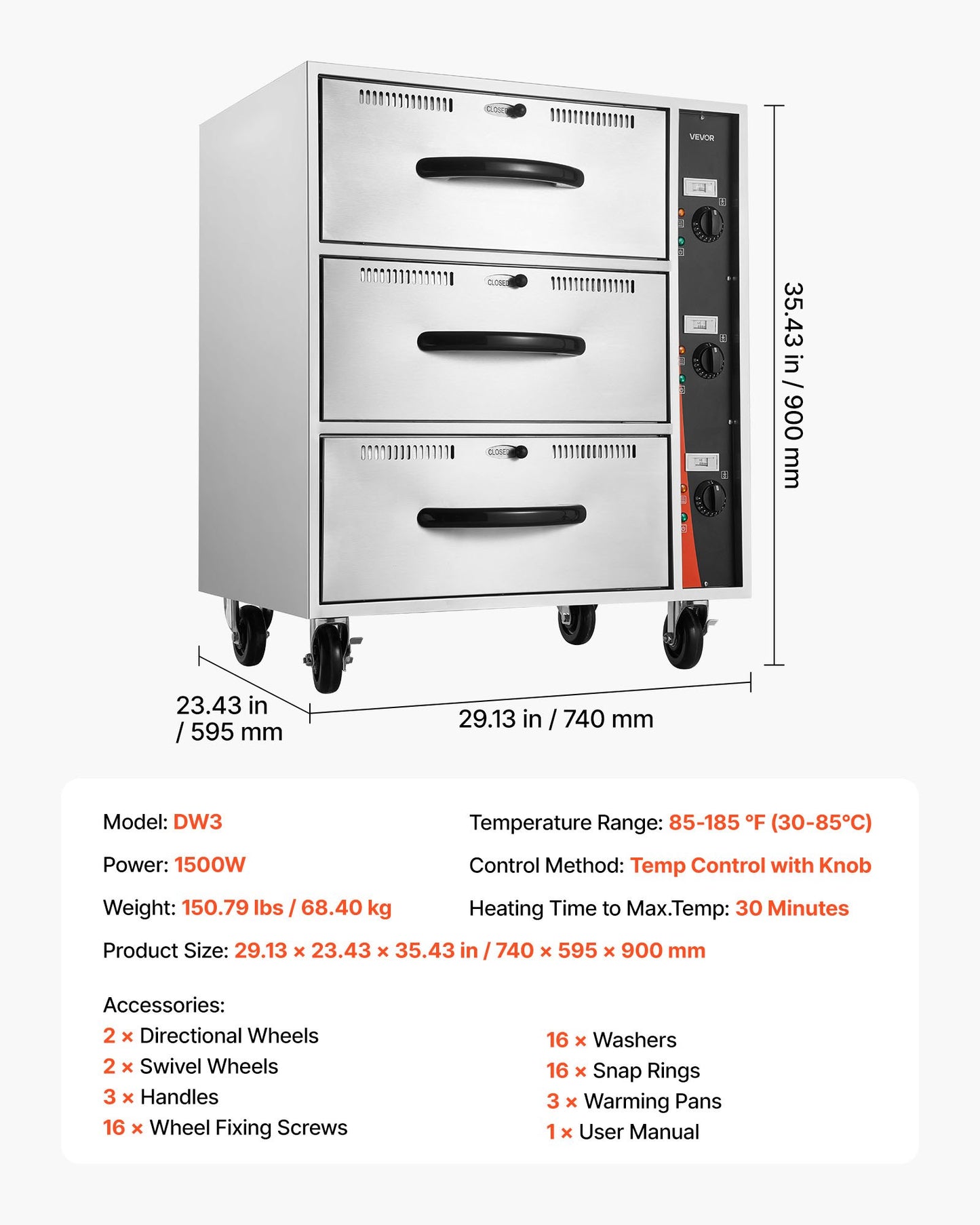 Commercial Electric Drawer Warmer, Three-Drawer Stainless Steel Food Warmer, Freestanding Standard Warming Drawer Cabinet, 30-85℃ Wide Temperature Range, for Restaurant, Hotel Buffet & Bakery