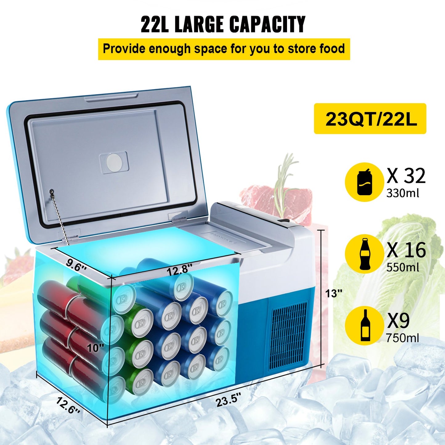 Car Refrigerator 22L Compressor Portable Small Refrigerator Car Refrigerator Freezer Vehicle Car Truck RV Boat Mini Electric Cooler for Driving Travel Fishing Outdoor and Home Use
