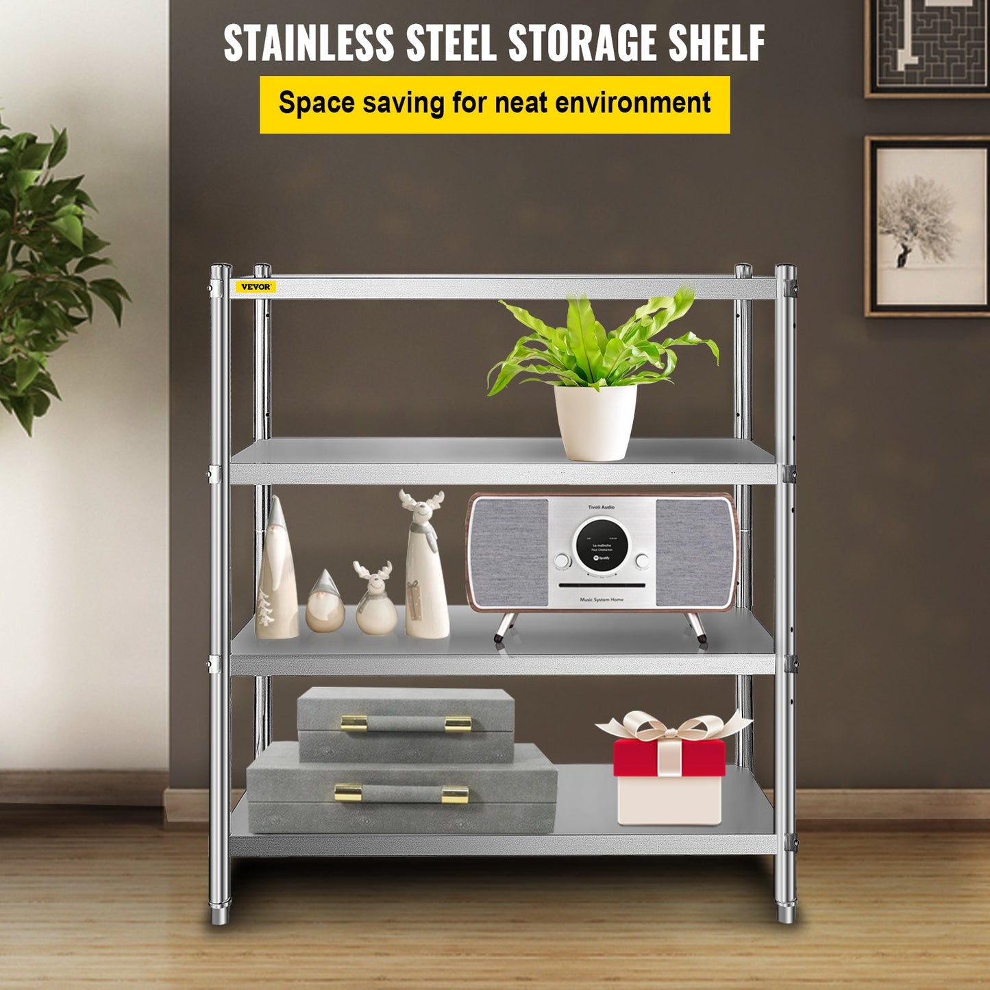 Stainless Steel Shelving, 118.9 x 47 cm 4 Tier Adjustable Shelf Storage Unit, Stainless Steel Heavy Duty Shelving for Kitchen Commercial Office Garage Storage 149.7 kg Per Shelf