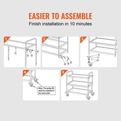 Küchenwagen, 3-stöckig, Drahtrollwagen mit 204 kg Tragkraft, Servierwagen aus Stahl auf Rollen, Metall-Aufbewahrungswagen mit 80-mm-Korb, gebogenem Griff, PP-Einlage und 6 Haken, für den Innen- und Außenbereich