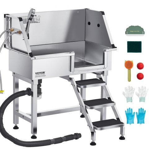 86.4 cm Stainless Steel Dog Washing Station, Pet Grooming Tub with Hot & Cold Faucet, Showerhead, Home Wash Sink, Fits Small Cats and Dogs, Non-Slip Stairs (Right Door)