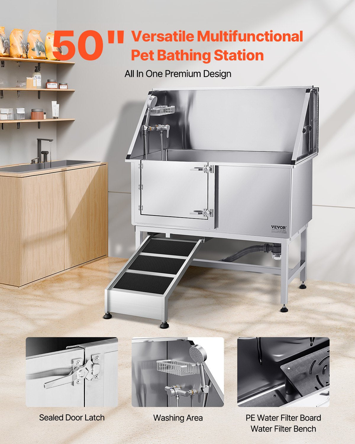 Stainless Steel Dog Washing Station, 127 cm Pet Grooming Tub w/ Ramp, PE Water Filter Board, Faucet & Showerhead & Soap Holder Dog Bathtub for Large & Medium & Small Pets (Left Door)