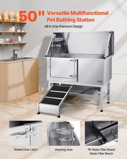 Stainless Steel Dog Washing Station, 127 cm Pet Grooming Tub w/ Ramp, PE Water Filter Board, Faucet & Showerhead & Soap Holder Dog Bathtub for Large & Medium & Small Pets (Left Door)