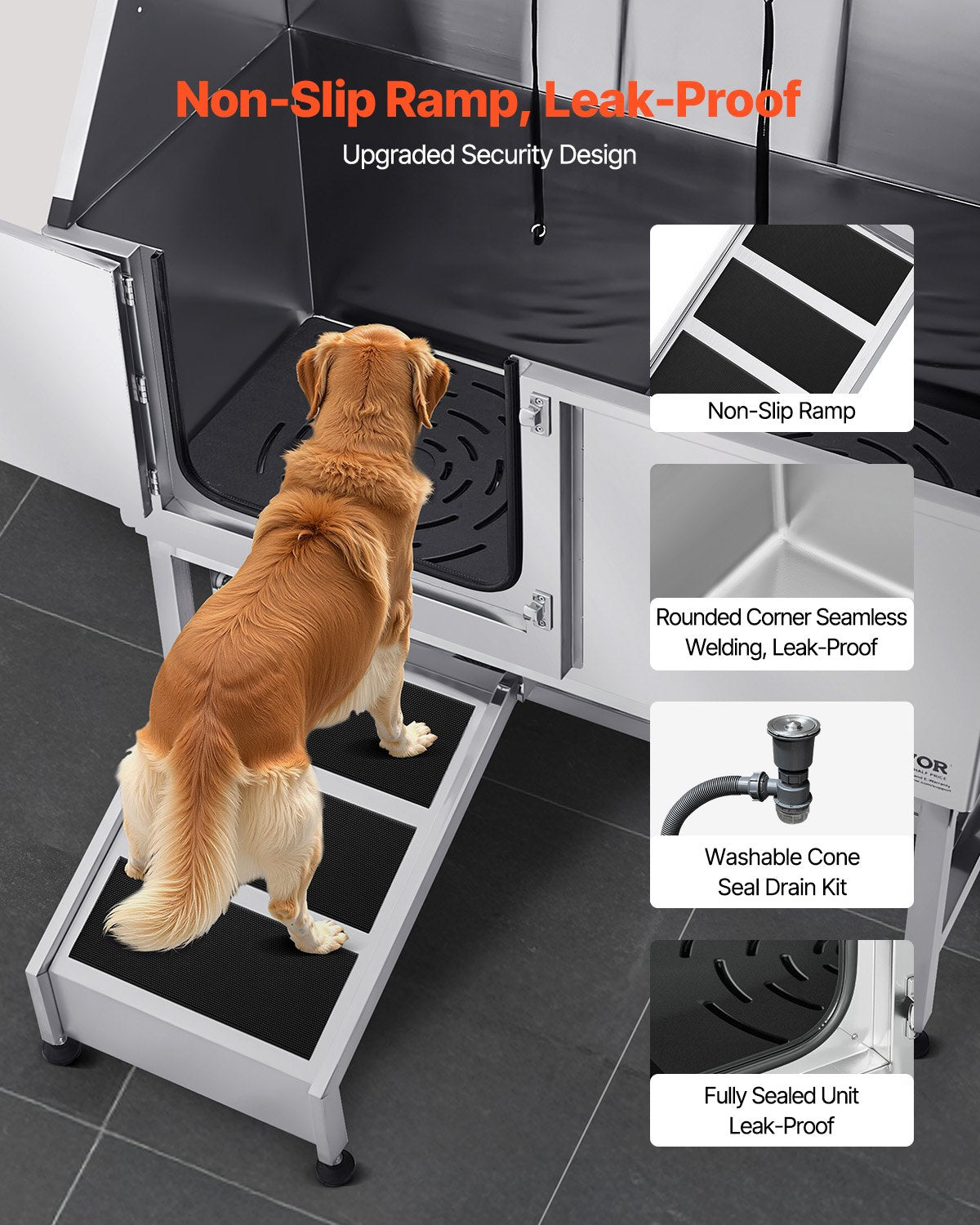 Stainless Steel Dog Washing Station, 127 cm Pet Grooming Tub w/ Ramp, PE Water Filter Board, Faucet & Showerhead & Soap Holder Dog Bathtub for Large & Medium & Small Pets (Left Door)