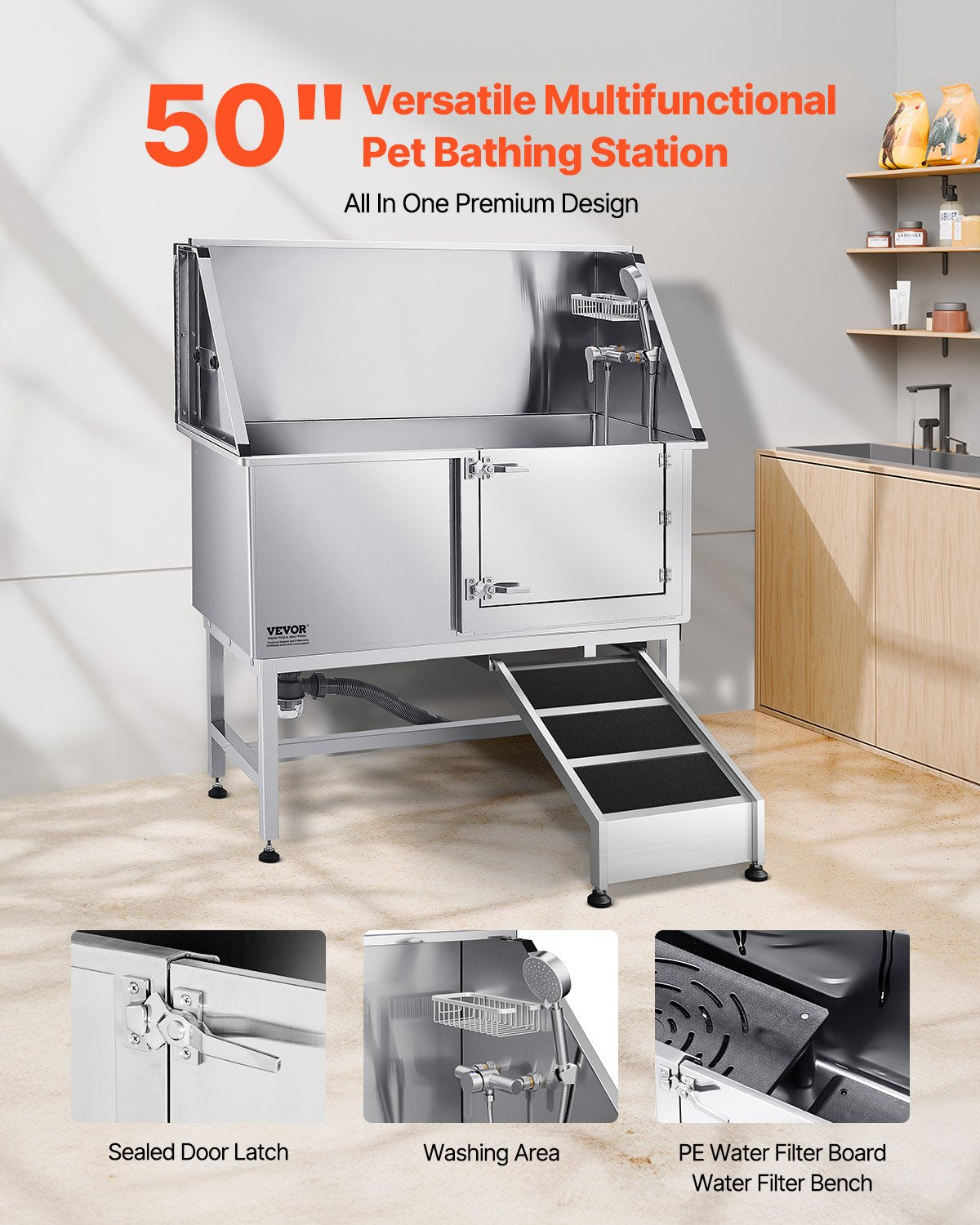 Stainless Steel Dog Washing Station, 127 cm Pet Grooming Tub w/ Ramp, PE Water Filter Board, Faucet & Showerhead & Soap Holder Dog Bathtub for Large & Medium & Small Pets (Right Door)
