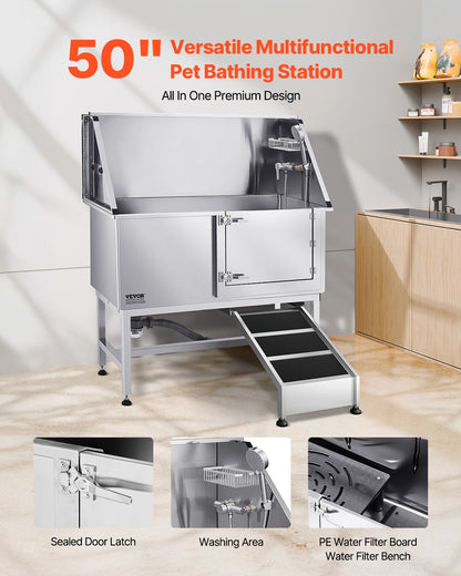 Stainless Steel Dog Washing Station, 127 cm Pet Grooming Tub w/ Ramp, PE Water Filter Board, Faucet & Showerhead & Soap Holder Dog Bathtub for Large & Medium & Small Pets (Right Door)