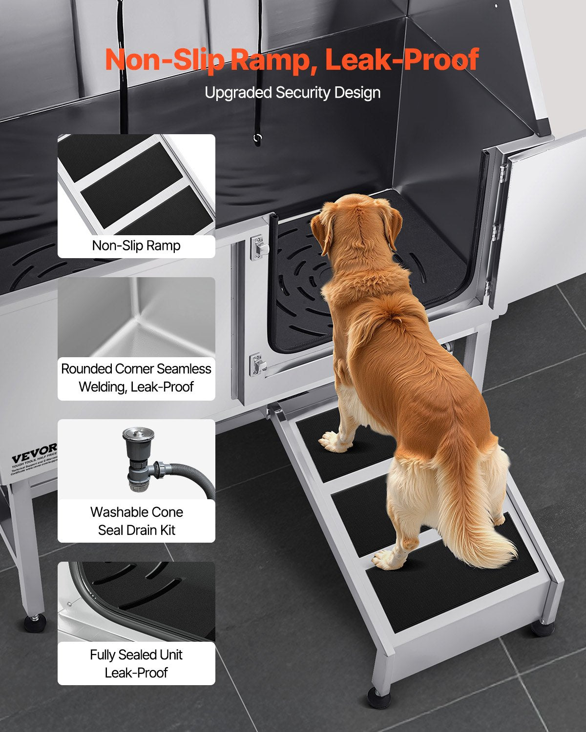 Stainless Steel Dog Washing Station, 127 cm Pet Grooming Tub w/ Ramp, PE Water Filter Board, Faucet & Showerhead & Soap Holder Dog Bathtub for Large & Medium & Small Pets (Right Door)