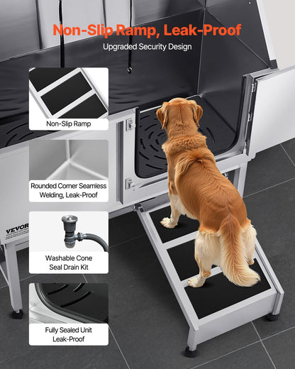 Stainless Steel Dog Washing Station, 127 cm Pet Grooming Tub w/ Ramp, PE Water Filter Board, Faucet & Showerhead & Soap Holder Dog Bathtub for Large & Medium & Small Pets (Right Door)
