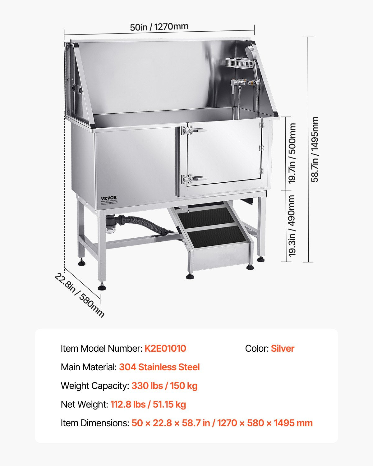 Stainless Steel Dog Washing Station, 127 cm Pet Grooming Tub w/ Ramp, PE Water Filter Board, Faucet & Showerhead & Soap Holder Dog Bathtub for Large & Medium & Small Pets (Right Door)