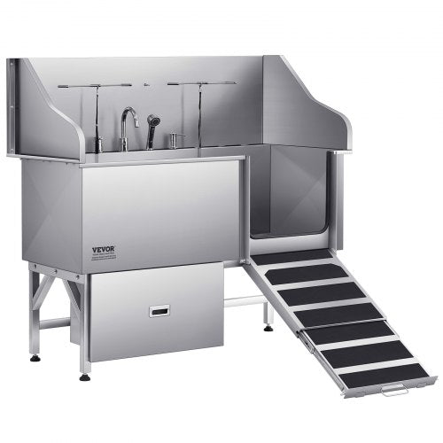 304 Stainless Steel Dog Washing Station, 154.9 cm Pet Grooming Tub with Non-Slip Low-Slope Ramp, Storage Drawer, Hot & Cold Faucet, All-in-One Bath for Grooming Shop, Fits All Sizes (Right Door)