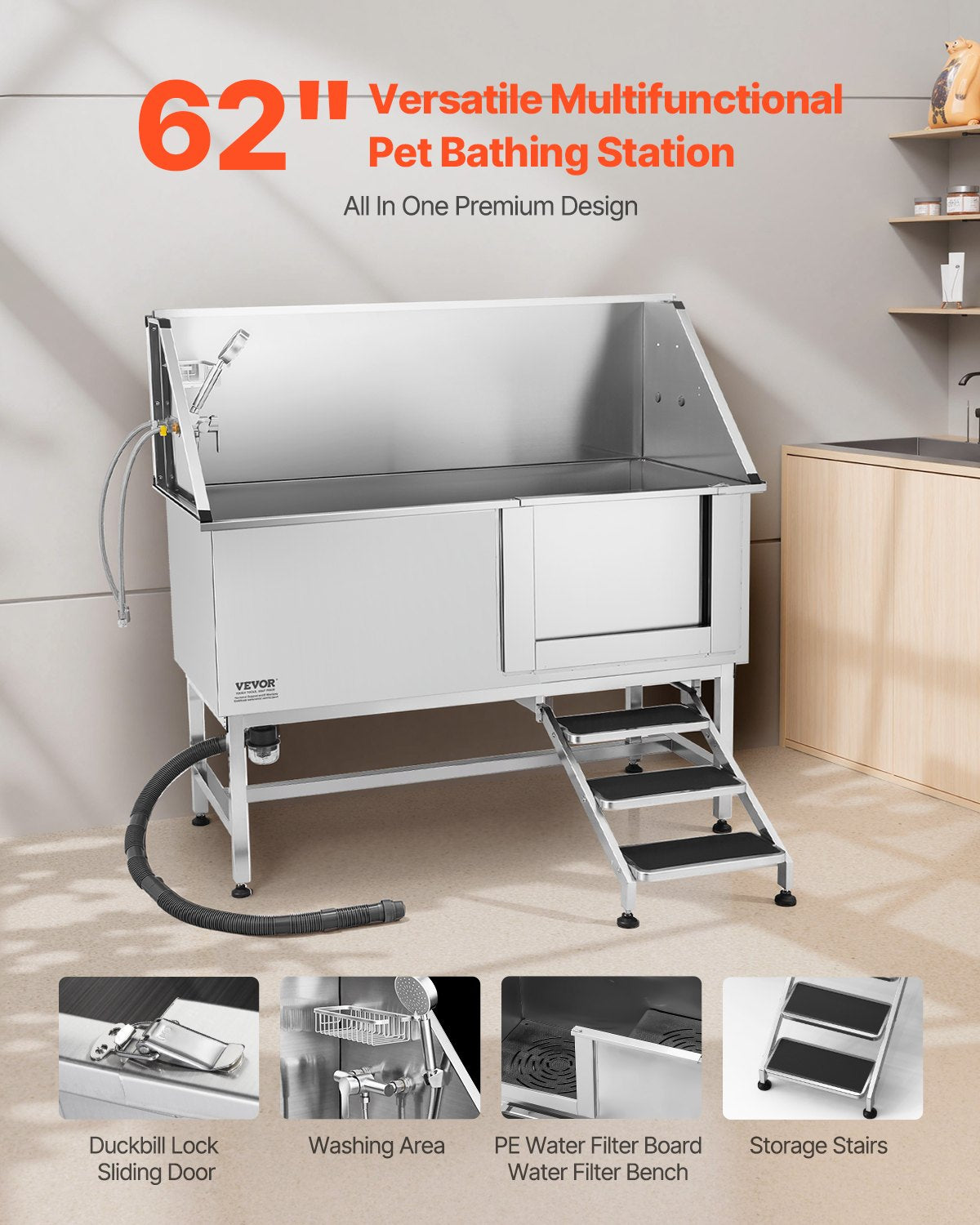 Stainless Steel Dog Washing Station, 157.48 cm Pet Grooming Tub w/ Stairs, PE Water Filter Board, Faucet & Showerhead & Soap Holder Dog Bathtub for Large & Medium & Small Pets (Right Door)