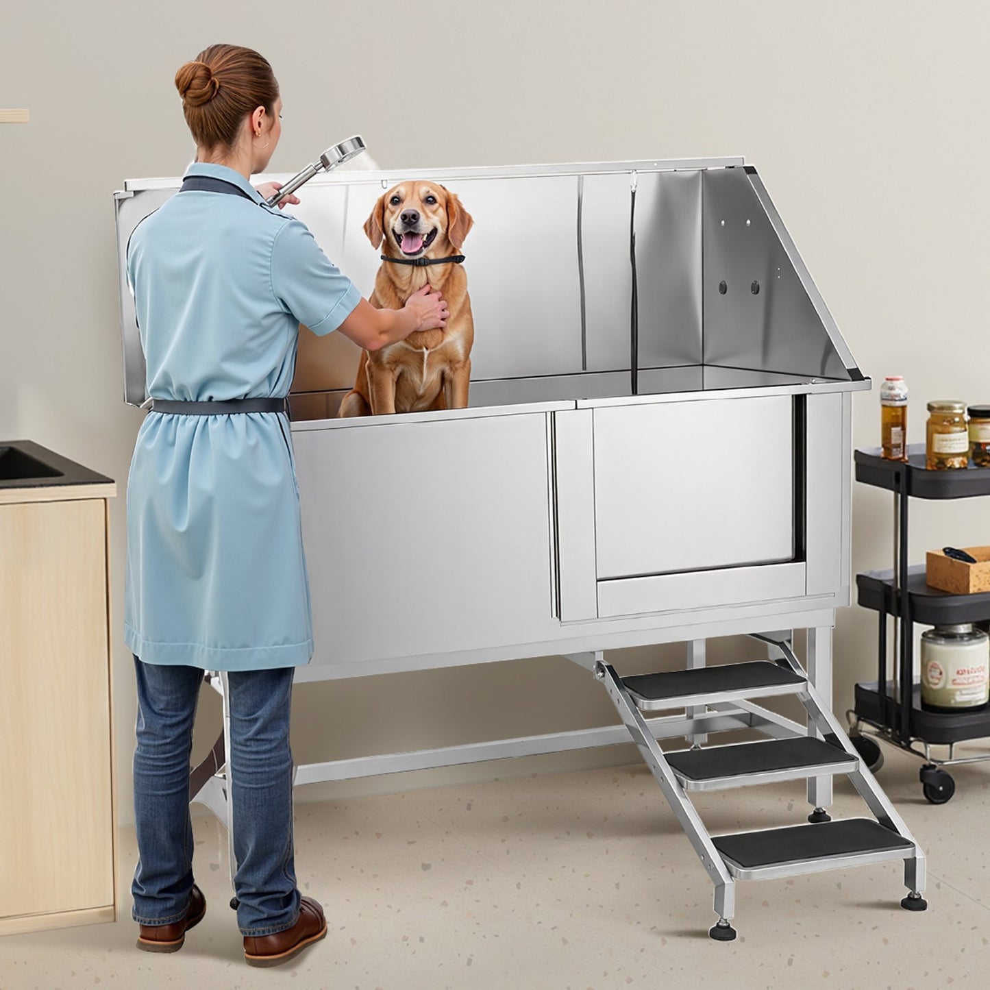 Stainless Steel Dog Washing Station, 157.48 cm Pet Grooming Tub w/ Stairs, PE Water Filter Board, Faucet & Showerhead & Soap Holder Dog Bathtub for Large & Medium & Small Pets (Right Door)