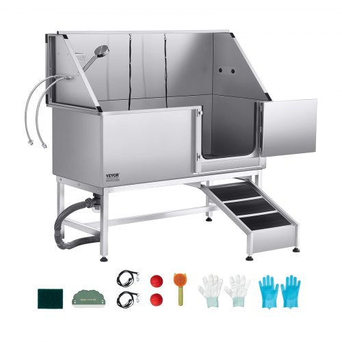 Stainless Steel Dog Washing Station, 157.48 cm Pet Grooming Tub w/ Ramp, PE Water Filter Board, Faucet & Showerhead & Soap Holder Dog Bathtub for Large & Medium & Small Pets (Right Door)