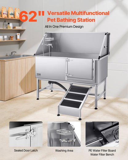 Stainless Steel Dog Washing Station, 157.48 cm Pet Grooming Tub w/ Ramp, PE Water Filter Board, Faucet & Showerhead & Soap Holder Dog Bathtub for Large & Medium & Small Pets (Right Door)