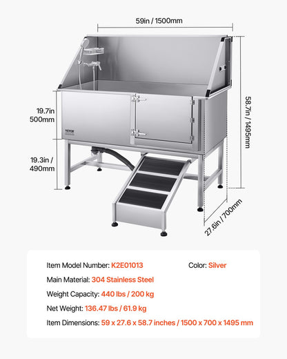Stainless Steel Dog Washing Station, 157.48 cm Pet Grooming Tub w/ Ramp, PE Water Filter Board, Faucet & Showerhead & Soap Holder Dog Bathtub for Large & Medium & Small Pets (Right Door)