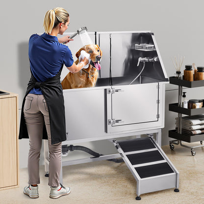 Stainless Steel Dog Washing Station, 157.48 cm Pet Grooming Tub w/ Ramp, PE Water Filter Board, Faucet & Showerhead & Soap Holder Dog Bathtub for Large & Medium & Small Pets (Right Door)