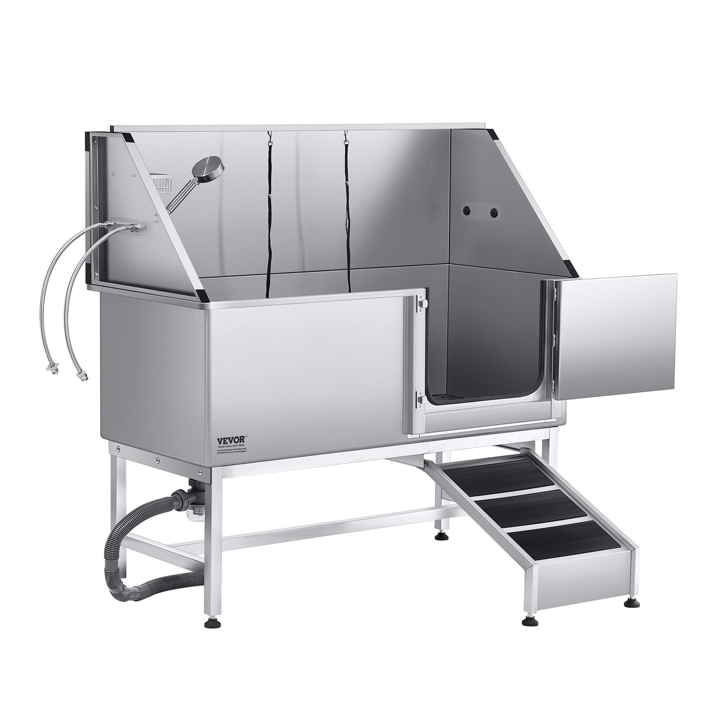 Stainless Steel Dog Washing Station, 157.48 cm Pet Grooming Tub w/ Ramp, PE Water Filter Board, Faucet & Showerhead & Soap Holder Dog Bathtub for Large & Medium & Small Pets (Right Door)