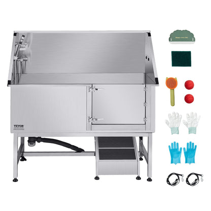 Stainless Steel Dog Washing Station, 157.48 cm Pet Grooming Tub w/ Ramp, PE Water Filter Board, Faucet & Showerhead & Soap Holder Dog Bathtub for Large & Medium & Small Pets (Right Door)