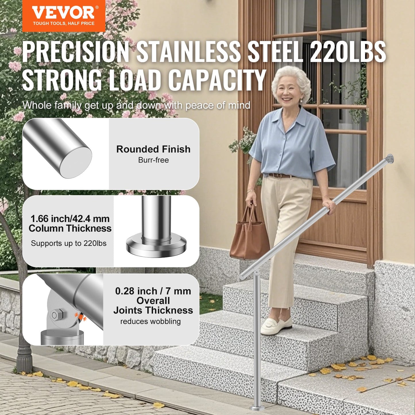 Handrails for Outdoor Steps, 47.3in / 120cm Deck Railing Kit Wall Floor Mounted, Railings for Outside Steps with Installation Kit, Hand Rails for Seniors,Porch Railing & Deck Rail Kit, Silver
