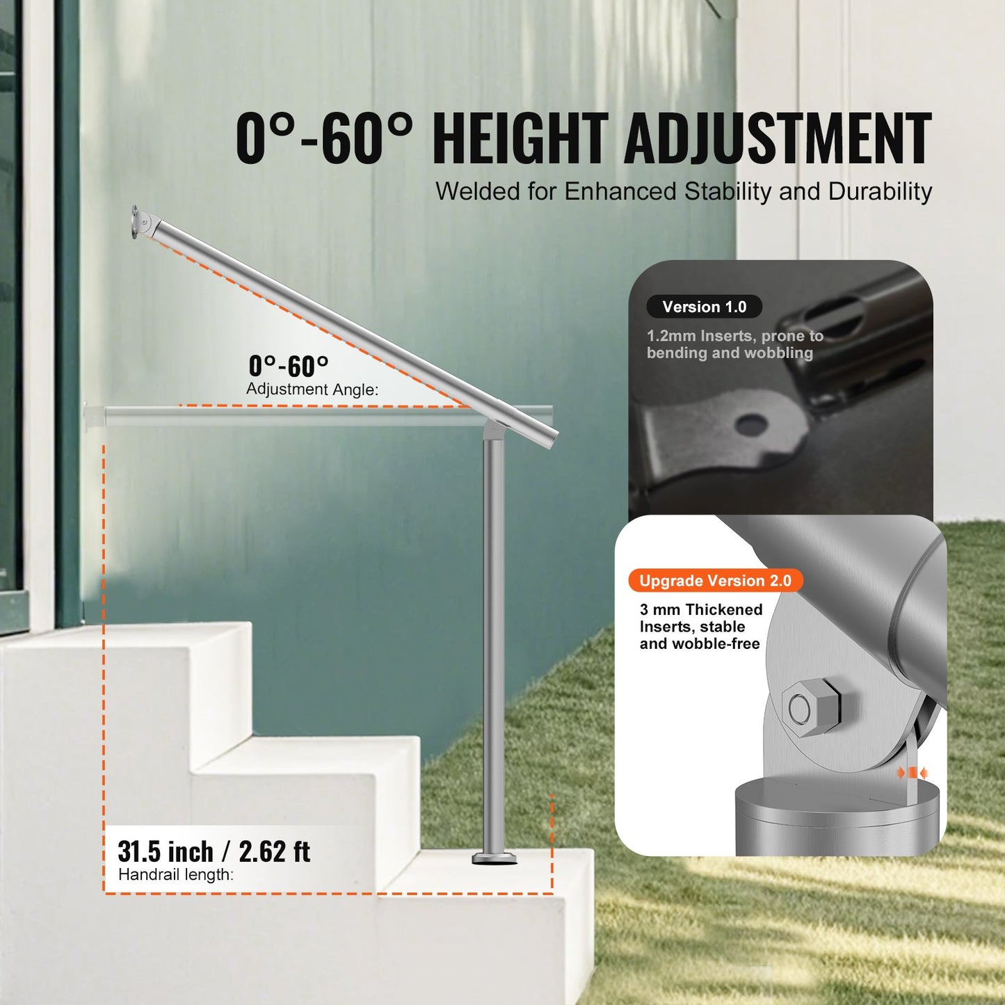 Handrails for Outdoor Steps, 31.5in / 80cm Deck Railing Kit Wall Floor Mounted, Railings for Outside Steps with Installation Kit, Hand Rails for Seniors,Porch Railing & Deck Rail Kit, Silver