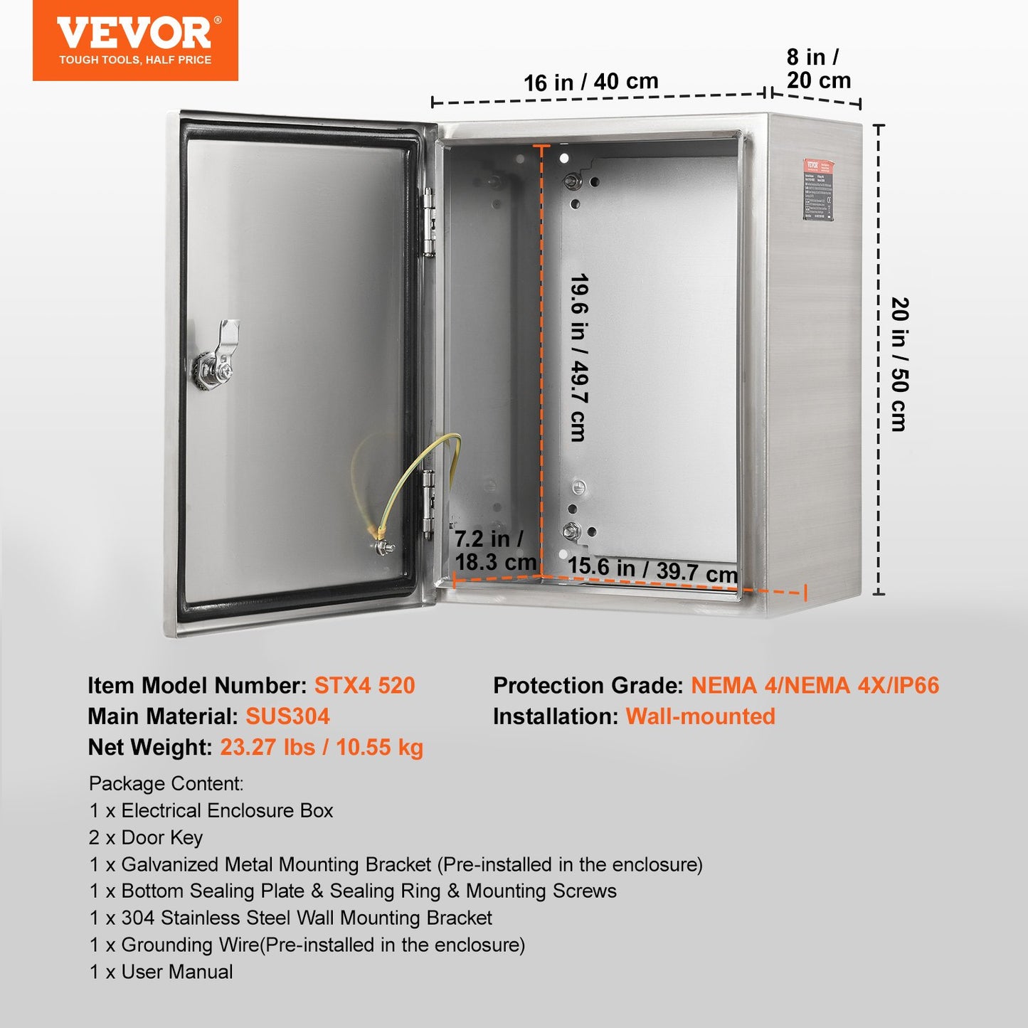 Steel Electrical Box, 50.8 x 40.6 x 20.3 cm, 304 Stainless Steel Electrical Enclosure Box, Wall-Mounted Outdoor Electrical Electronic Equipment Enclosure with Mounting Plate Hinges Lock, IP66 Waterproof