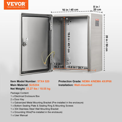 Steel Electrical Box, 50.8 x 40.6 x 20.3 cm, 304 Stainless Steel Electrical Enclosure Box, Wall-Mounted Outdoor Electrical Electronic Equipment Enclosure with Mounting Plate Hinges Lock, IP66 Waterproof