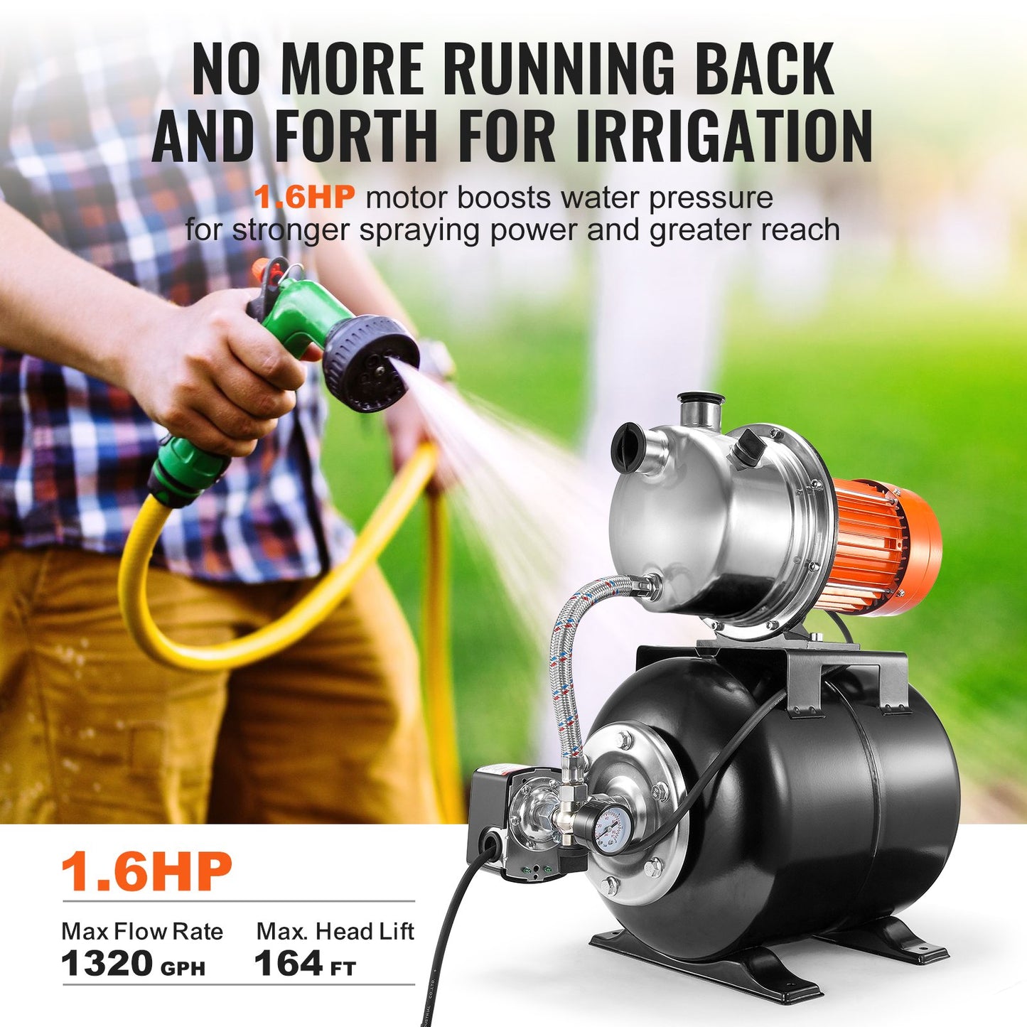 1193W(1.6 HP) Shallow Well Pump with Pressure Tank, 83 L/min(1320 GPH), Automatic Irrigation Water Booster Pump with 19L(5-Gal) Tank 2/3.4 bar(30/50 PSI) Pressure Switch, Stainless Steel Pump Head for Home Garden Lawn
