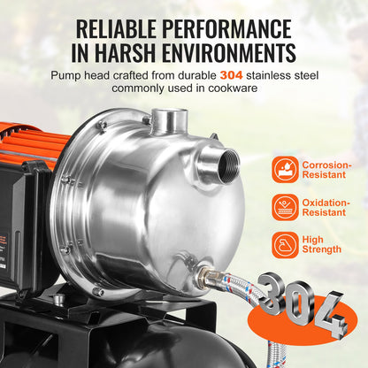 1193W(1.6 HP) Shallow Well Pump with Pressure Tank, 83 L/min(1320 GPH), Automatic Irrigation Water Booster Pump with 19L(5-Gal) Tank 2/3.4 bar(30/50 PSI) Pressure Switch, Stainless Steel Pump Head for Home Garden Lawn