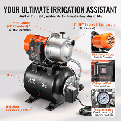 1193W(1.6 HP) Shallow Well Pump with Pressure Tank, 83 L/min(1320 GPH), Automatic Irrigation Water Booster Pump with 19L(5-Gal) Tank 2/3.4 bar(30/50 PSI) Pressure Switch, Stainless Steel Pump Head for Home Garden Lawn