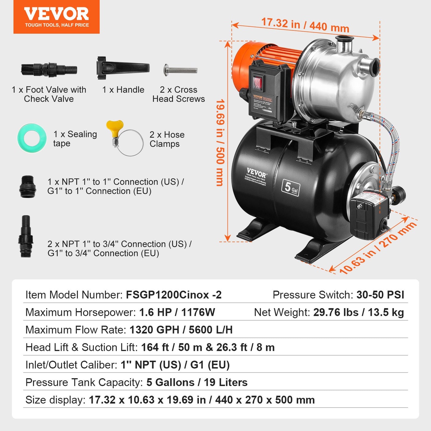 1193W(1.6 HP) Shallow Well Pump with Pressure Tank, 83 L/min(1320 GPH), Automatic Irrigation Water Booster Pump with 19L(5-Gal) Tank 2/3.4 bar(30/50 PSI) Pressure Switch, Stainless Steel Pump Head for Home Garden Lawn