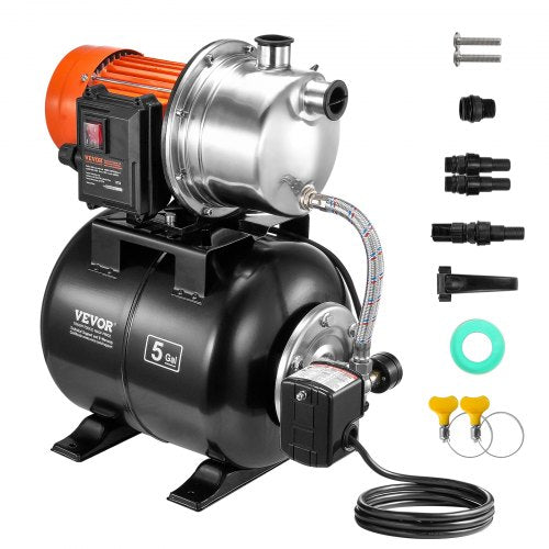 745 W(1 HP) Shallow Well Pump with Pressure Tank, 63 L/min(1000 GPH), Automatic Irrigation Water Booster Pump with 40 m(130 ft) Head Lift 1.4/2.8 bar(20/40 PSI) Pressure Switch, 304 Stainless Steel Pump Head for Home Garden Lawn