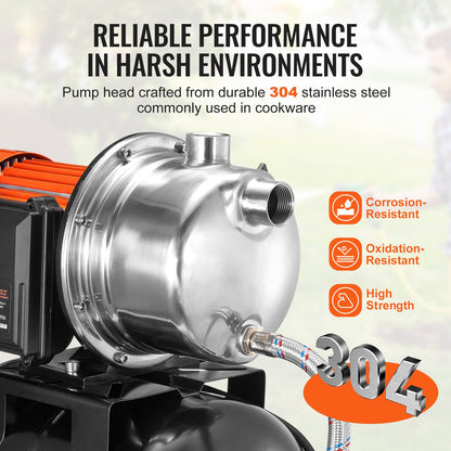 745 W(1 HP) Shallow Well Pump with Pressure Tank, 63 L/min(1000 GPH), Automatic Irrigation Water Booster Pump with 40 m(130 ft) Head Lift 1.4/2.8 bar(20/40 PSI) Pressure Switch, 304 Stainless Steel Pump Head for Home Garden Lawn