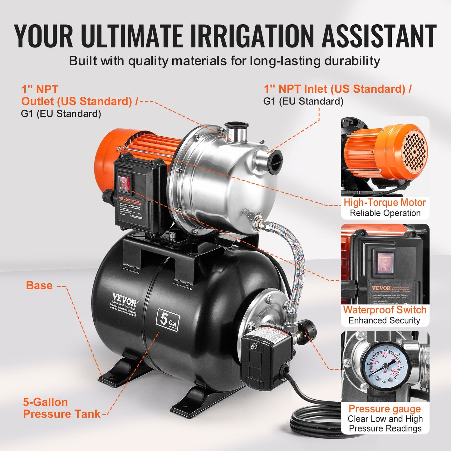 745 W(1 HP) Shallow Well Pump with Pressure Tank, 63 L/min(1000 GPH), Automatic Irrigation Water Booster Pump with 40 m(130 ft) Head Lift 1.4/2.8 bar(20/40 PSI) Pressure Switch, 304 Stainless Steel Pump Head for Home Garden Lawn