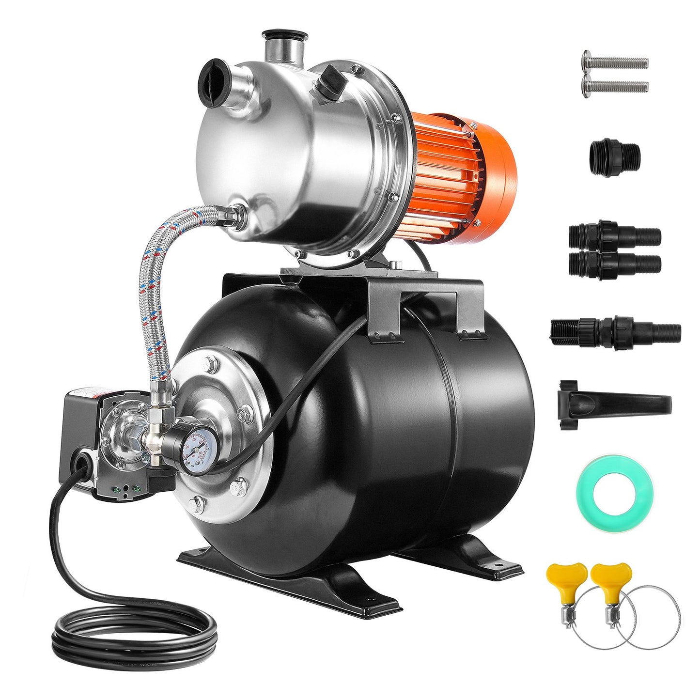 745 W(1 HP) Shallow Well Pump with Pressure Tank, 63 L/min(1000 GPH), Automatic Irrigation Water Booster Pump with 40 m(130 ft) Head Lift 1.4/2.8 bar(20/40 PSI) Pressure Switch, 304 Stainless Steel Pump Head for Home Garden Lawn