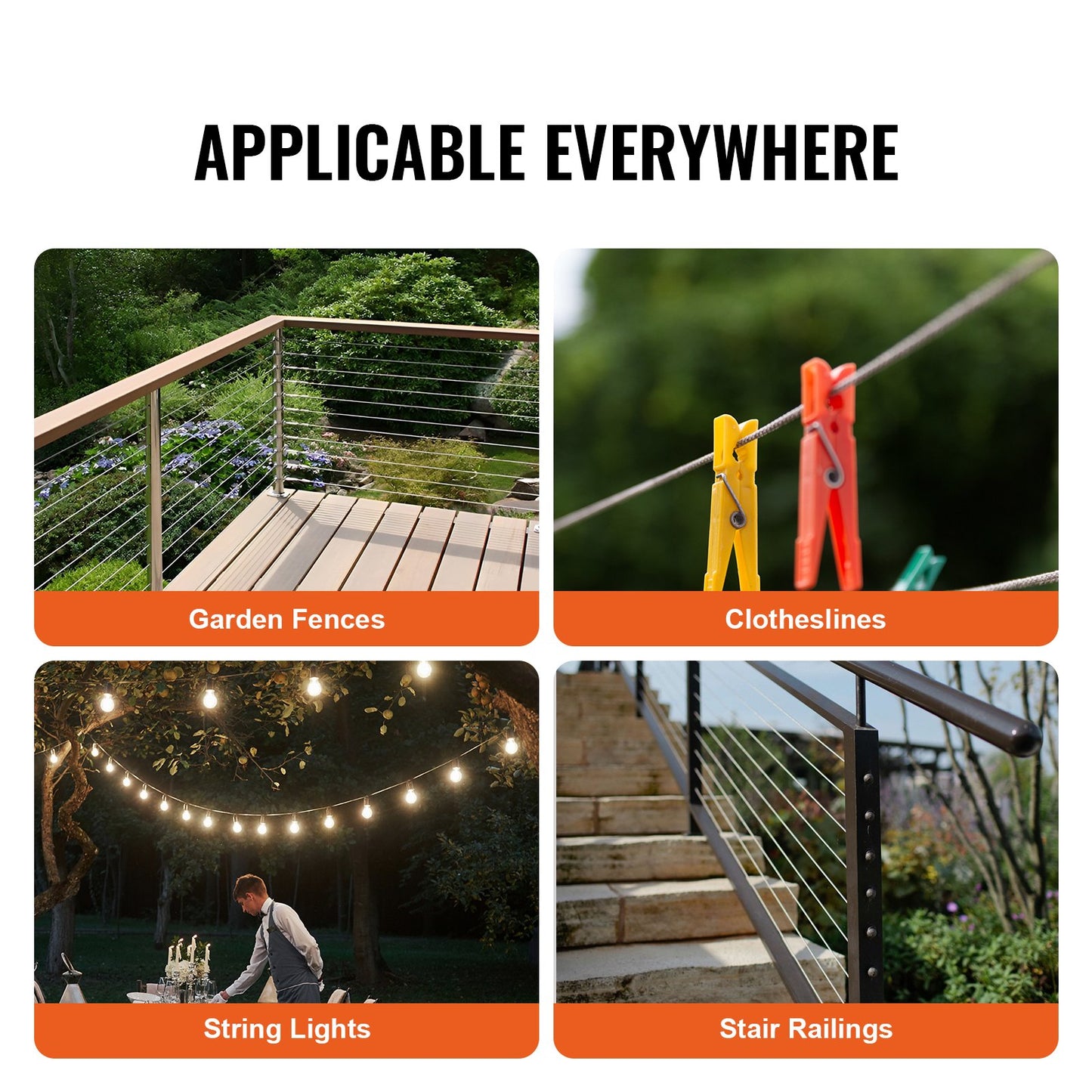 Drahtseil-Set, 1/16" 330 ft Edelstahlseil 304 mit 80 Hülsen und 20 Kauschen, 450 lbs Bruchfestigkeit, 7x7 Litzen, Marine- und Flugzeugqualität für Handläufe, Treppen, Terrassen, Zäune und Außenbereiche