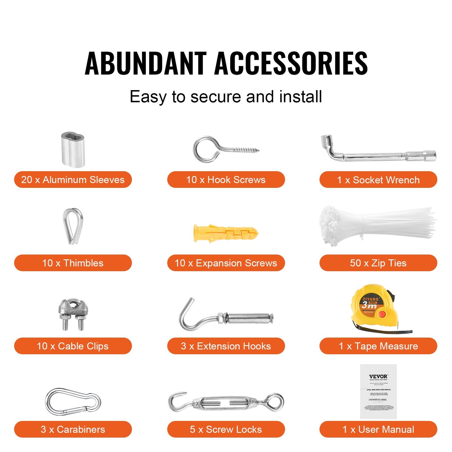 Drahtseil-Set, 1/8" 100 Fuß Edelstahlseil 304 mit 124 Zubehörteilen, Bruchfestigkeit 1600 lbs, 7x7 Litzenkonstruktion, Marine- und Flugzeugqualität für Handläufe, Treppen, Terrassen, Zäune und Außenbereiche