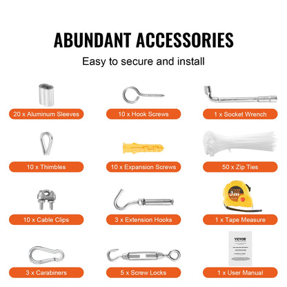 Drahtseil-Set, 1/8" 100 Fuß Edelstahlseil 304 mit 124 Zubehörteilen, Bruchfestigkeit 1600 lbs, 7x7 Litzenkonstruktion, Marine- und Flugzeugqualität für Handläufe, Treppen, Terrassen, Zäune und Außenbereiche