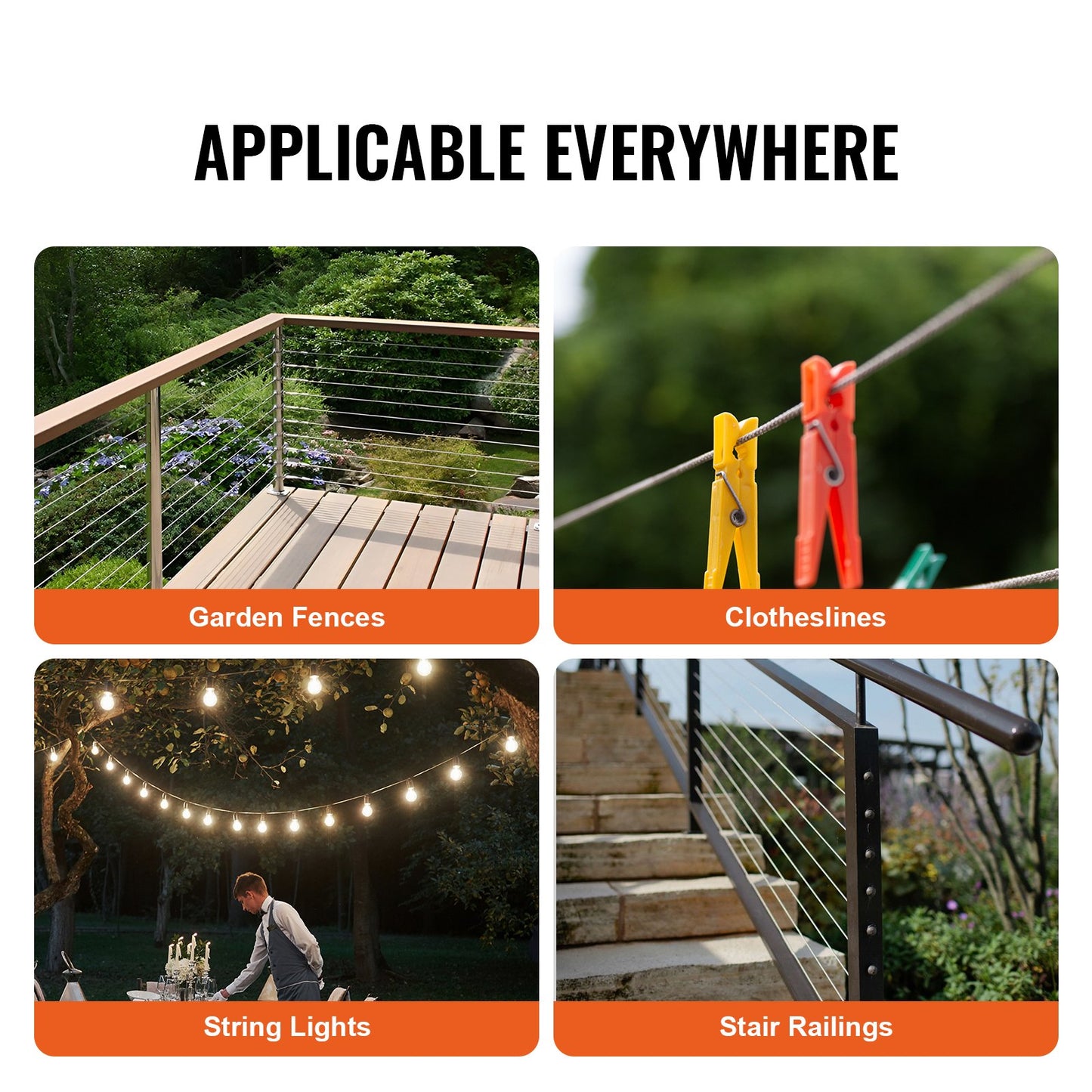 Drahtseil-Set, 1/16" 66 ft 304 Edelstahlseil mit Crimpzange, 160 Hülsen und 12 Kauschen, 7x7 Litzen, Marine- und Flugzeugqualität für Handläufe, Treppen, Terrassen, Zäune und Außenbereiche