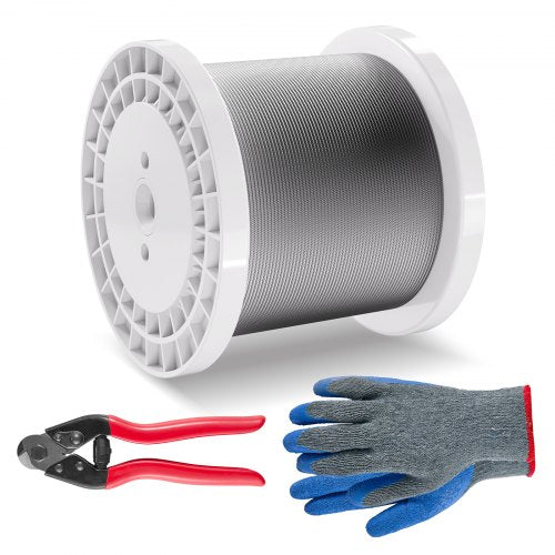 Drahtseil-Set, 1/8" 1000ft 316 Edelstahlseil mit Schneidgerät und Handschuhen, 1600 lbs Bruchfestigkeit, 7x7 Litzenkonstruktion, Marine- und Flugzeugqualität für Handläufe, Treppen, Terrassen, Zäune und Außenbereiche